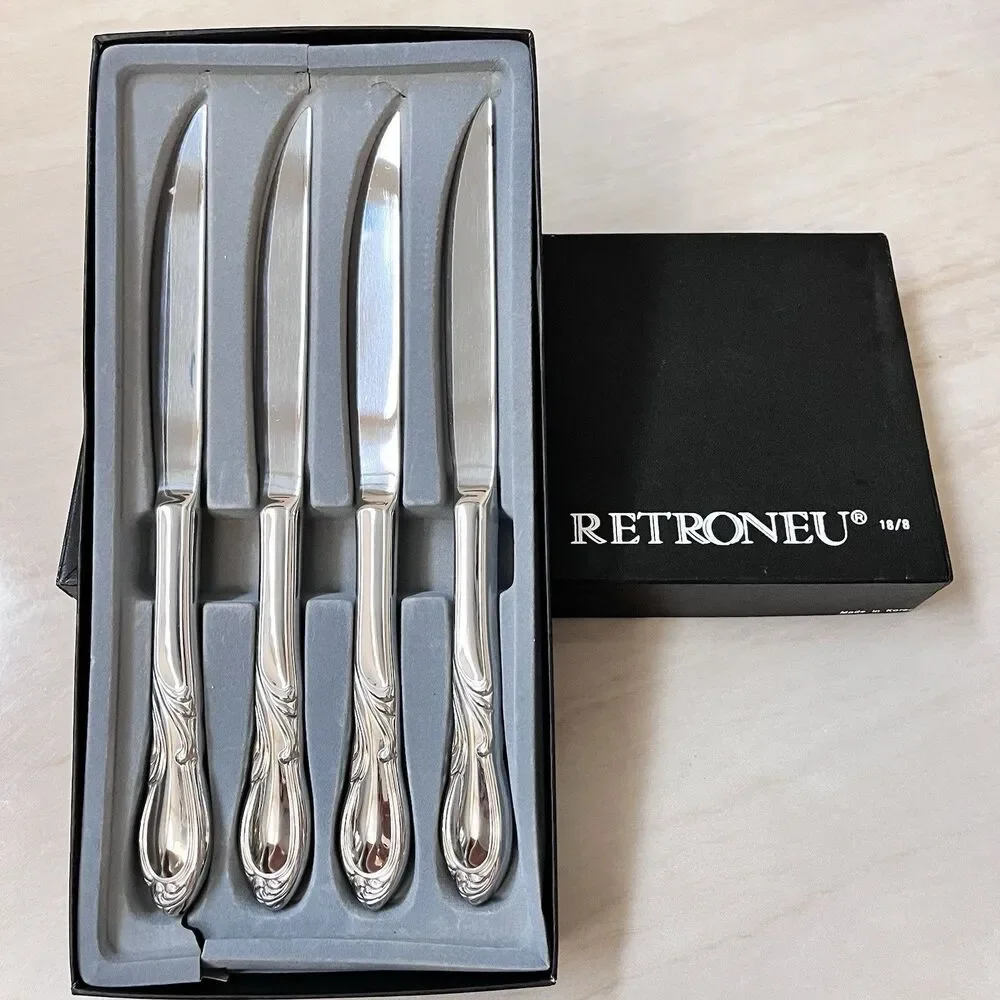 4pc RETRONEU Stephanie Stainless Steak Knife Set Hollow Handle Glossy 18/8 Korea